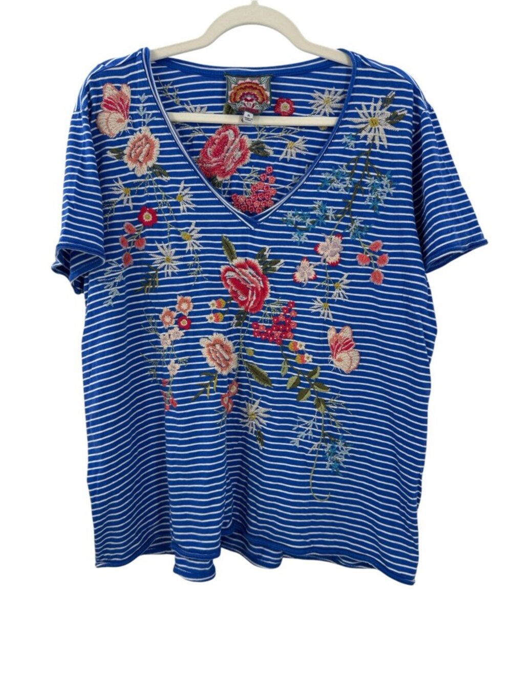 Johnny Was Catalina Everyday Tee Embroidered Floral Stripe V-Neck Tee Blue XL - Picture 9 of 11